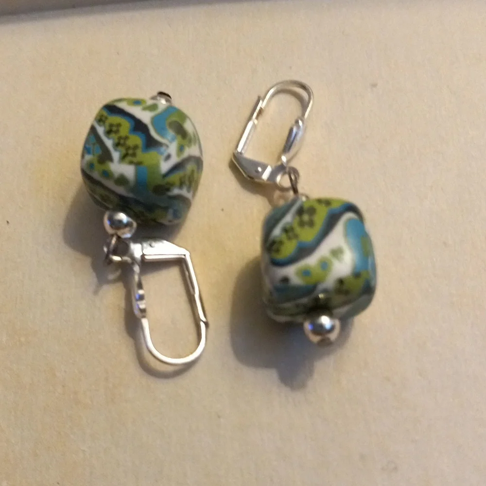 Dangles W/ Hearts & Flowers, Green, Blue, White Squares with Lobster Clasp - Picture 5 of 5